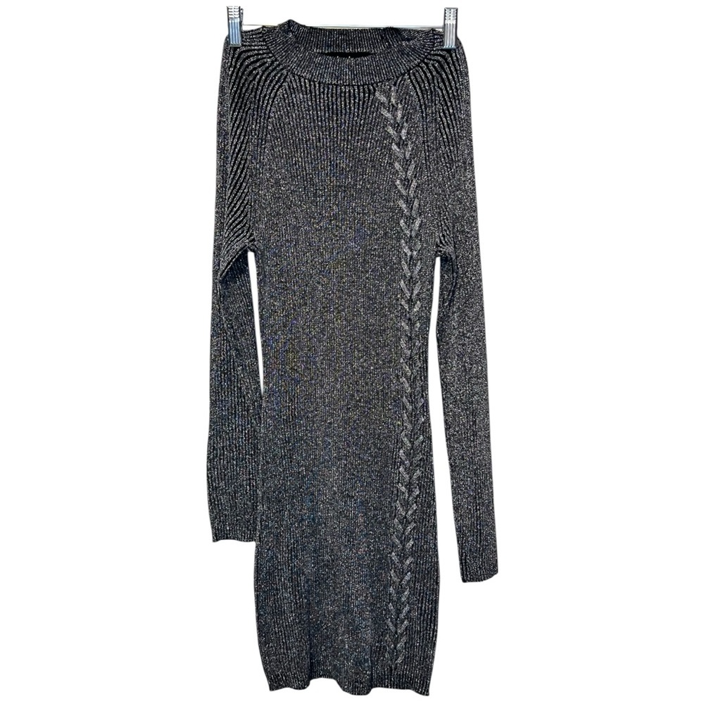 Metallic Silver Ribbed Sweater Dress Bodycon Long Sleeve Holiday Party M
